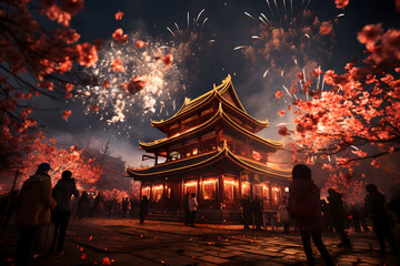 chinese new year lanterns, chinese new year dragon, fireworks in the city, wallpaper and social media background for china newyears festival