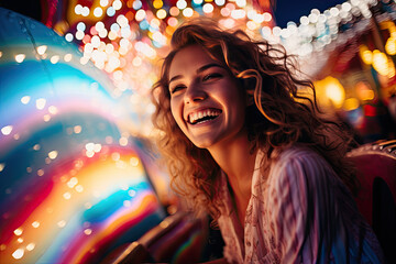 Wall Mural - joyous girl smiling in a carnival with colorful cars