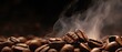 © Bussakon - Coffee bean indulgence. Close up view of dark roasted arabica beans creating tasty and aromatic morning beverage with steam and rich flavor on brown background