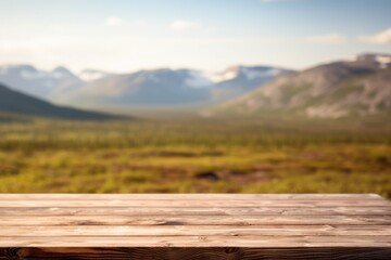 The empty wooden brown table top with blur background of Greenland in summer. Exuberant image. generative AI