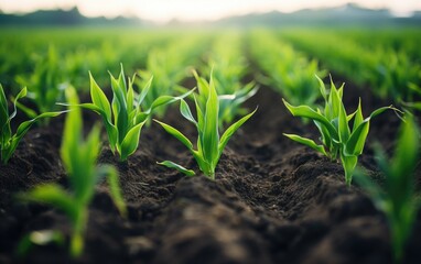 Wall Mural - Rows of young corn plants growing on a vast field