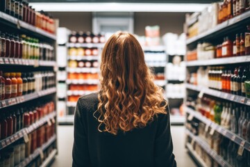 Wall Mural - Rear view of a young woman shopping in a grocery store, A woman comparing products in a grocery store, AI Generated