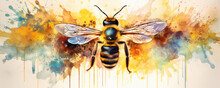 Water Color Design With Flying Bee. Bee On Color Art Background.
