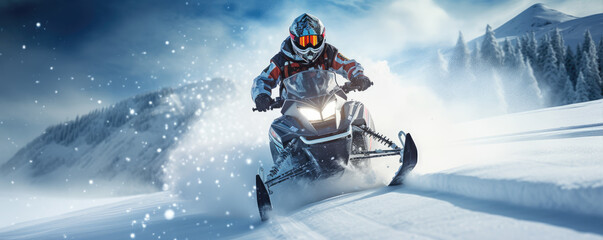 Winter snowmobile extreme fun moto sport. Snowmobile rider driving very fast in winter land