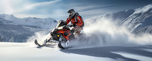 Winter Snowmobile Extreme Fun Moto Sport. Snowmobile Rider Driving Very Fast In Winter Land