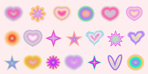 Wall Mural - Gradient Y2K blur element set. Abstract aesthetic y2k shape blur heart, star and circle. Gradient vector illustration