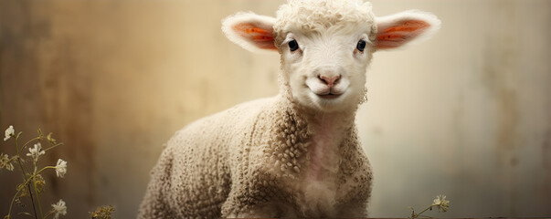 Wall Mural - Spring Lambs portrait. Sheep on green farm with flowers background.