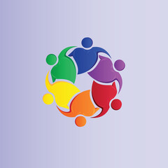 Wall Mural - Logo teamwork charity six people diversity colorful heart shaped hug icon image circle unity voluntary conceptual ID card business concept logo vector image design background