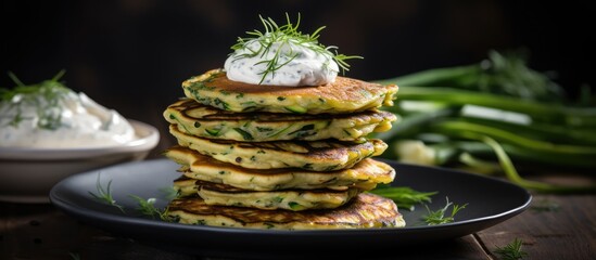 Wall Mural - Zucchini herb pancakes with sour cream on a slate countertop, perfect for snacking or a summer lunch.