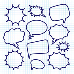 Wall Mural - Hand drawn comic speech bubbles on checkered paper sheet. School notebook for drawing. Simple retro cartoon stickers. Chatting, message box. Vector illustration