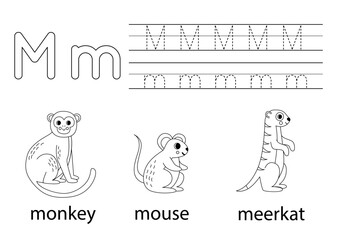 Wall Mural - Trace uppercase and lowercase letter M. Animal alphabet for kids.