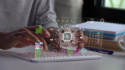 A men using Ai technology on computer keyboard  for working in new business. futuristic hologram background.