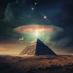 Wall Mural - an alien spaceship is flying over a pyramid. generative ai.