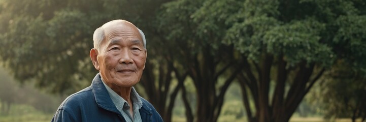 Sticker - An old man of Asian appearance in a cap on the background of nature