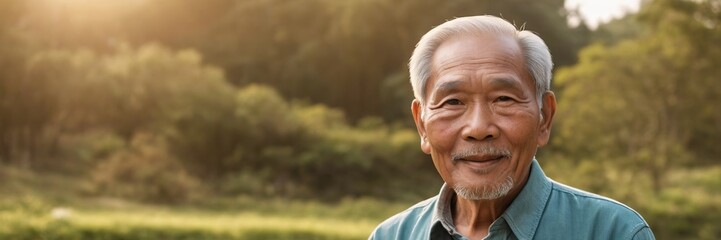 Sticker - An old man of Asian appearance in a cap on the background of nature