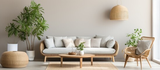 Poster - Modern home decor features a stylish living room with a grey sofa, coffee table, rattan pouf, basket, shelf, mirror, tropical plants, decoration, carpet, and elegant personal accessories.