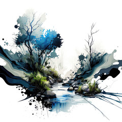 Wall Mural - Blue river and plant painting, AI generated.