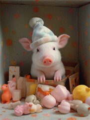 Poster - A pig wearing a hat sits in a box with toys. Generative AI.