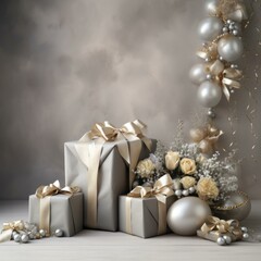 Poster - Christmas gift boxes with silver and gold decorations. Generative AI.