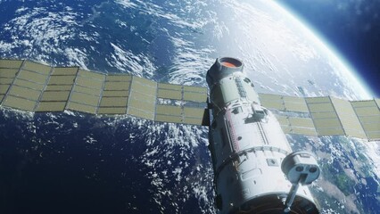 Wall Mural - a spaceship flying in space orbiting a planet