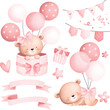Watercolor Illustration Set of Baby Teddy Bears and Cute Elements