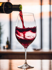 Wall Mural - Red wine pouring into wineglass on table in restaurant, stock photo