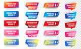 Fototapeta  - Set of Register now icons button design. Colorful Register button pack for website, ads, UI, and project. vector EPS 10