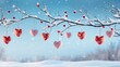 © vita555 - Red heart balloon garland decoration elements in snow branches tree into frost on blue sky, winter mockup background banner Valentine's Day with copy space