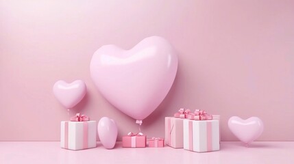 Wall Mural - Balloon decoration elements. Presentation mock up template banner pink background with empty space. 3d render for Valentine's Day, birthday, baby celebration, holiday, wedding