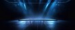 © vita555 - Close up Illuminated stage with scenic lights and smoke. Blue purple spotlight with smoke volume light effect on dark background. Realistic modern 3d empty minimal scene mockup design