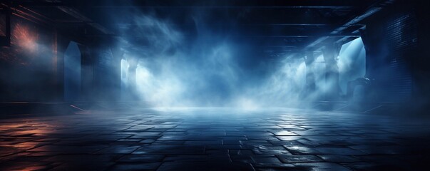 Dark empty space, blue and red neon spotlight, wet asphalt, smoke, night view industrial, rays. Abstract dark texture of an empty background with copy space mock up design