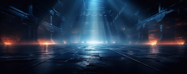 Dark empty space, blue and red neon spotlight, wet asphalt, smoke, night view industrial, rays. Abstract dark texture of an empty background with copy space mock up design