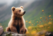 A Close-up Photos Shot Of A Cute Bear With A Curious Facial Expression And Looking At Distance, Isolated Nature And Blur Background...