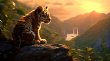 Cute Little Striped Bengal Tiger Cub Standing In A High Rock In Safari, African Wildlife Nature, Looking At The Horizon View Of Savanna Jungles And Sunny Valleys Full Of Predators And Wild Cats