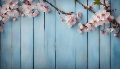 Wall Mural - cherry blossom on old blue painted wooden.