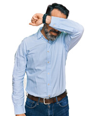 Sticker - Middle aged man with beard wearing business shirt covering eyes with arm smiling cheerful and funny. blind concept.