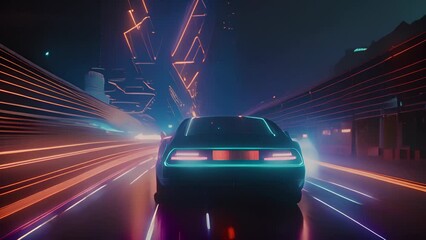 Wall Mural - car ride on the neon road in 80s retro synthwave style. generated ai