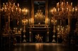 Vintage opulence with candlelit ambiance in grand room with golden baroque mirrors