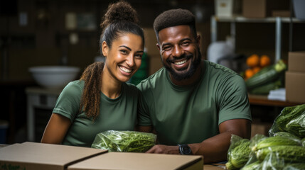 man and woman in green t-shirt getting groceries donation