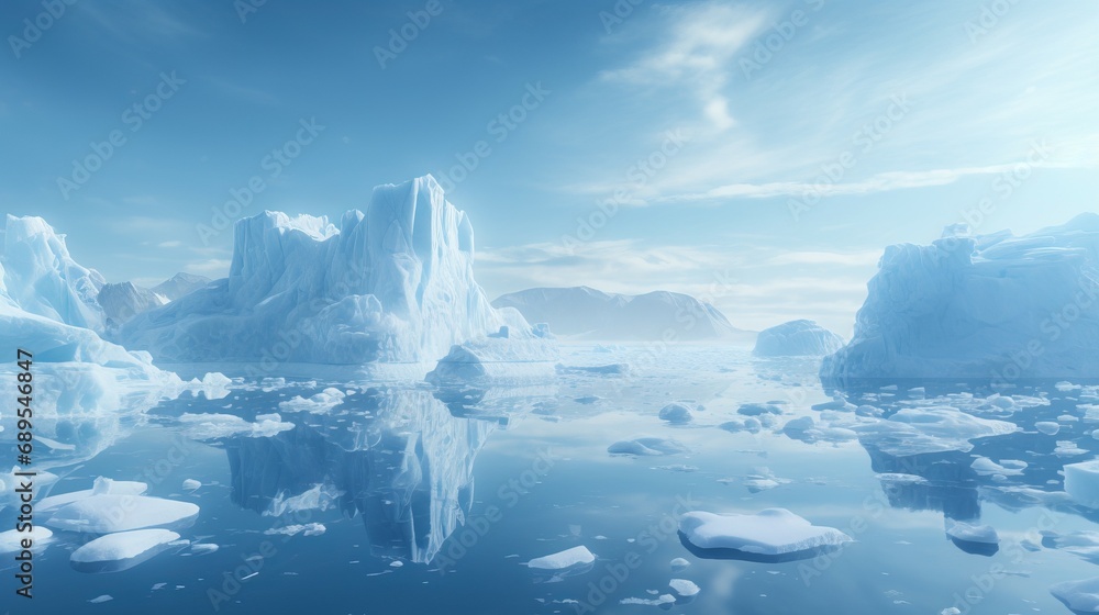 Melting ice with ice floe adrift in water, dissolving ice shards convey ...