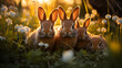 A family of rabbits, with a sea of green grass as the background, during their playtime in the warm afternoon
