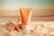 Sunblock in orange cosmetic tubes on beach sand mockup. Summer composition with hat, blue sea and sky as background