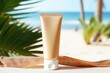 © Oksana - Suntan cream bottle on a beach with seashells. Golden tan. Copy space, mock up. Skin care and protection concept and travel.