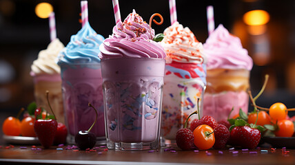 Wall Mural - various beautiful tasty drinks with ice cream in a glass on the table, close-up