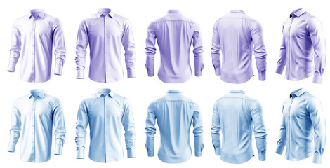 Wall Mural - 2 Set of pastel light blue purple violet button up long sleeve collar shirt front, back and side view on transparent background cutout, PNG file. Mockup template for artwork graphic design	
