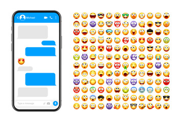 Smartphone messaging app, user interface design with emoji. SMS text frame. Chat screen with blue message bubbles. Texting app for communication. Social media application. Vector illustration