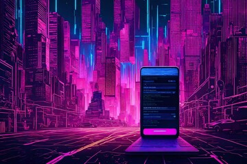Wall Mural - A phone screen displaying a firewall amid the neon glow of a cyber city, defending against virtual threats.