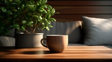 Coffee Cup On Wooden Table In A Coffee Shop. 3d Rendering