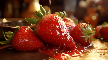 Wall Mural - Strawberries in chocolate sauce on wooden table, closeup view