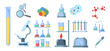 Equipment for chemical laboratory. Set of lab tools. Chemistry glass. Laboratory glassware with test tube beaker flask pipette erlenmeyer flask, science instrument. Chemistry attributes vector icons.